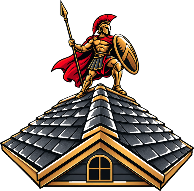 Aurik Construction logo: a guardian warrior standing on a shingle roof